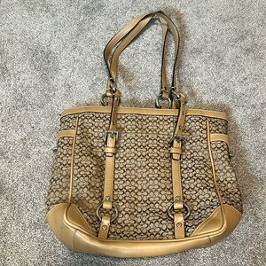 Coach Signature Jacquard Tan Leather Canvas “C” Monogram Tote Bag M0749-F11526